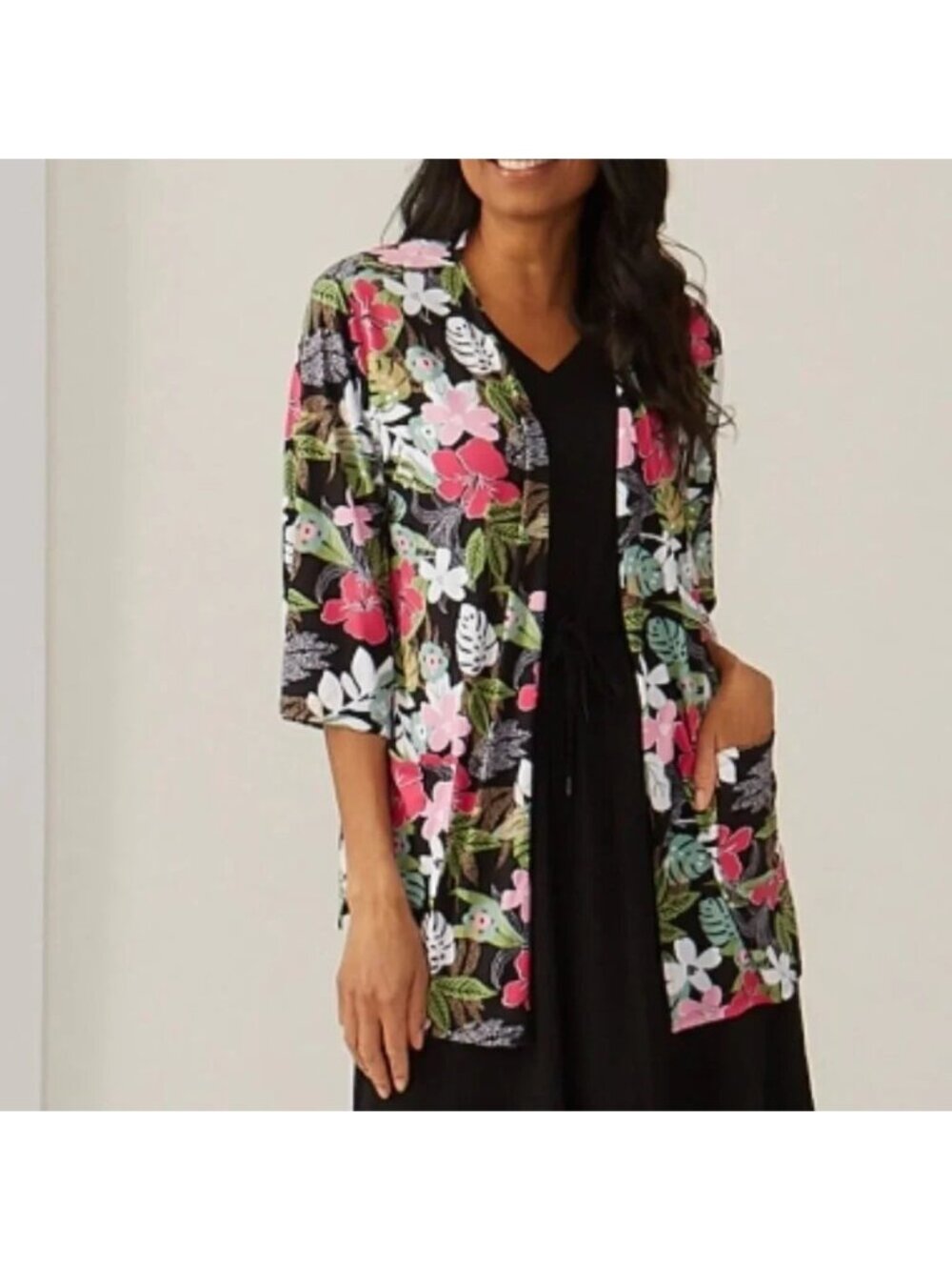 Cuddl Duds Black Floral Open Front Cardigan - 1X